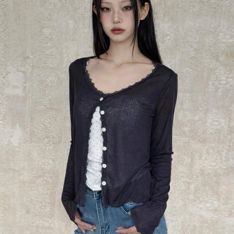 Deeptown Vintage Japanese Style Women Knitted Cardigan See Through Long Sleeve Casual Sweater Cardigan Harajuku Lace Patchwork