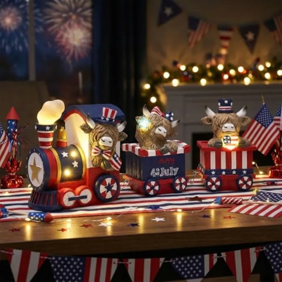 4th of July Highland Cow Train Decorations Lighted LED Memorial Day Decor for Home, High Mountain Yak Train Figurines Red White