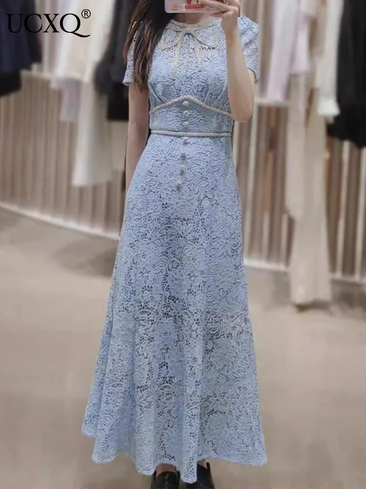 

UCXQ Vintage Party Dress Fashion Fairy Style Diamond Bow O Neck Waist Lace Elegant Long Dresses Women 2024 Spring Summer 23A9469