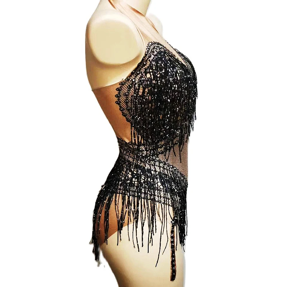 Shining DIamonds Black Fringes Women Bodysuits Nightclub Pole Dancing Stage Wear Evening Prom Party Birthday Celebrate Costumes