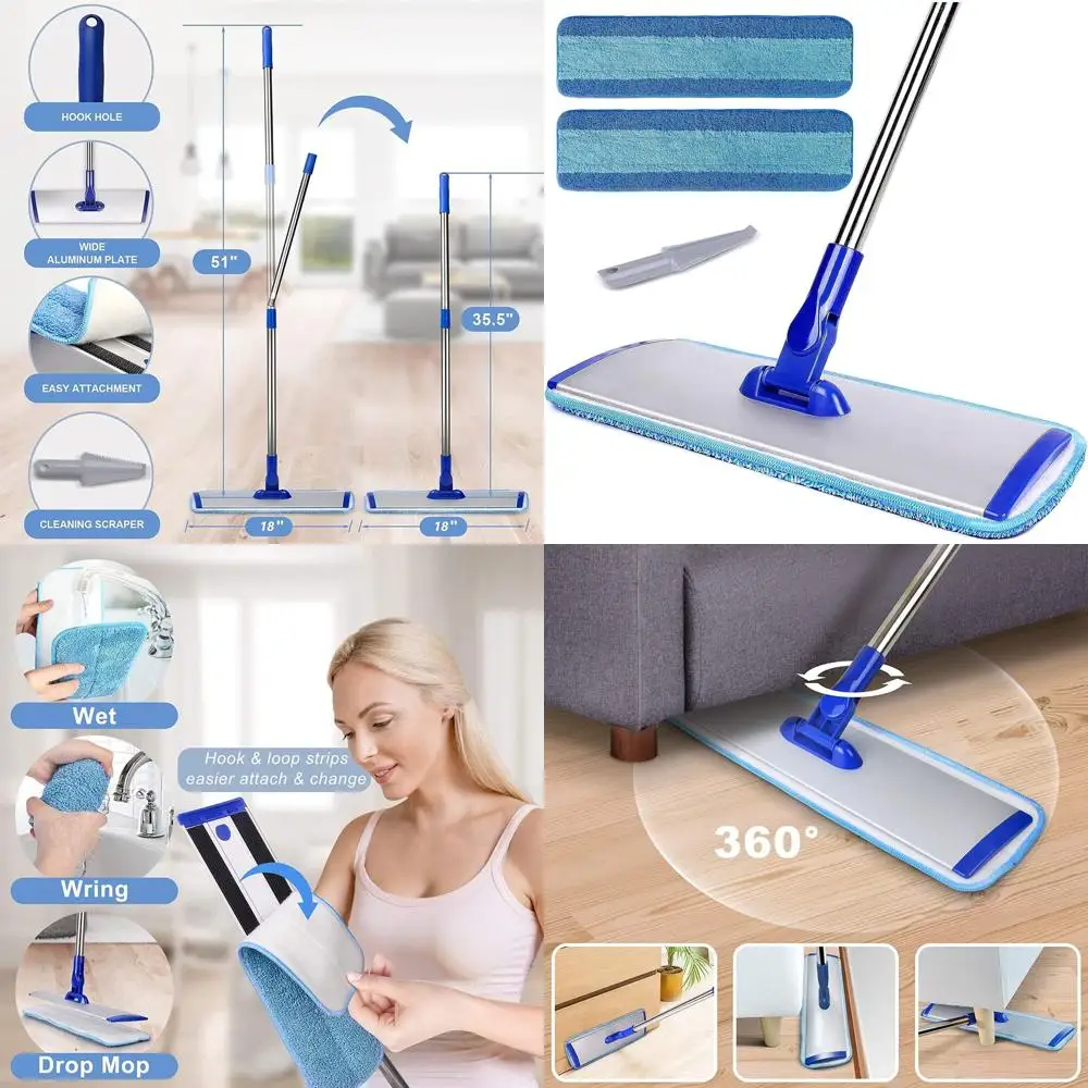 

18 Blue Microfiber Flat Mop with Stainless Steel Handle and 2 Washable Pads for Hardwood and Laminate Floors