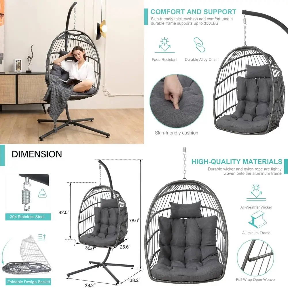 

Outdoor Hanging Egg Chair with Stand and Cushion, 370lbs Patio Swing Chair for Garden, Bedroom, Balcony - Dark Green
