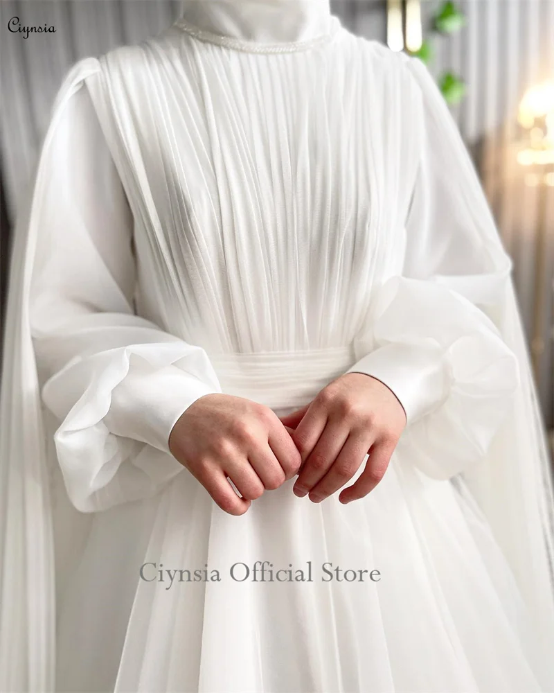 Ciynsia-vestido de noiva manga comprida com hijab, veste muçulmana, vestidos de noiva islâmicos, pescoço alto plissado, árabe e muçulmano, capa