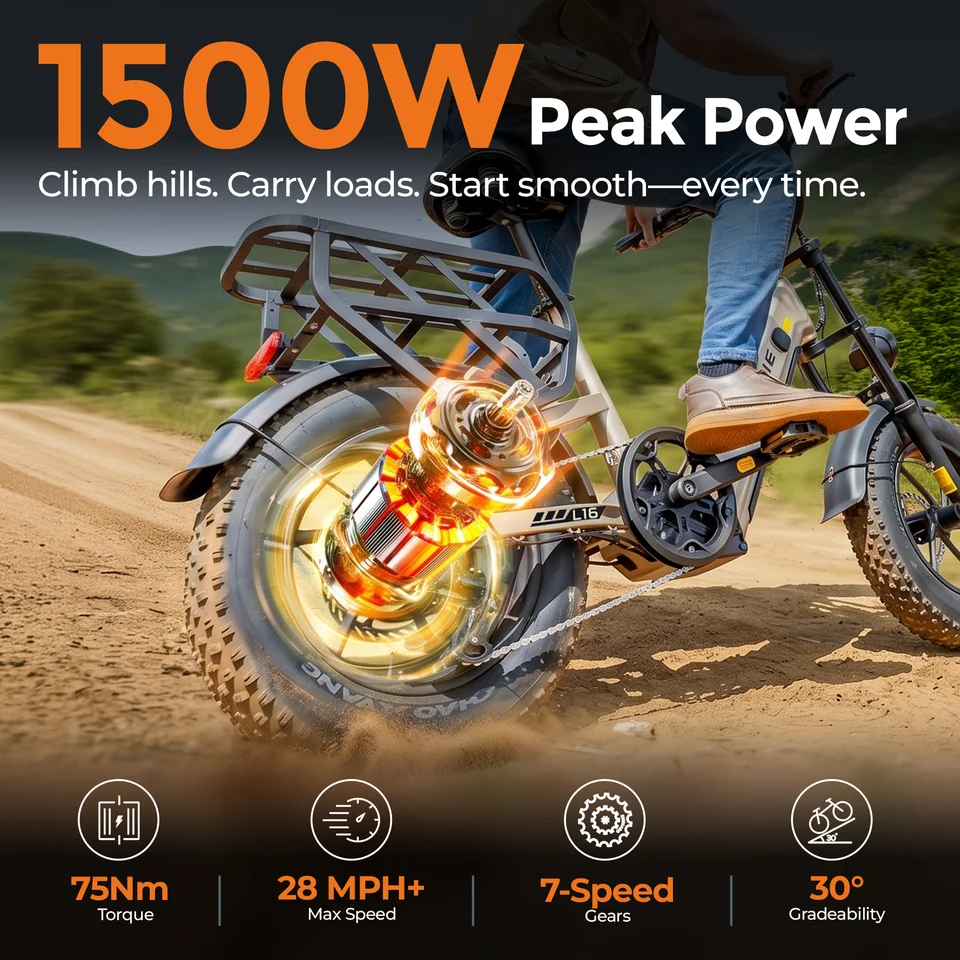 ENGWE L16 750W Electric Bike, 1500W Peak, 48V 18Ah, 28 MPH, 70-Mile Range, 16x4 Fat Tires, Hydraulic Disc Brakes, 7-Speed image 7