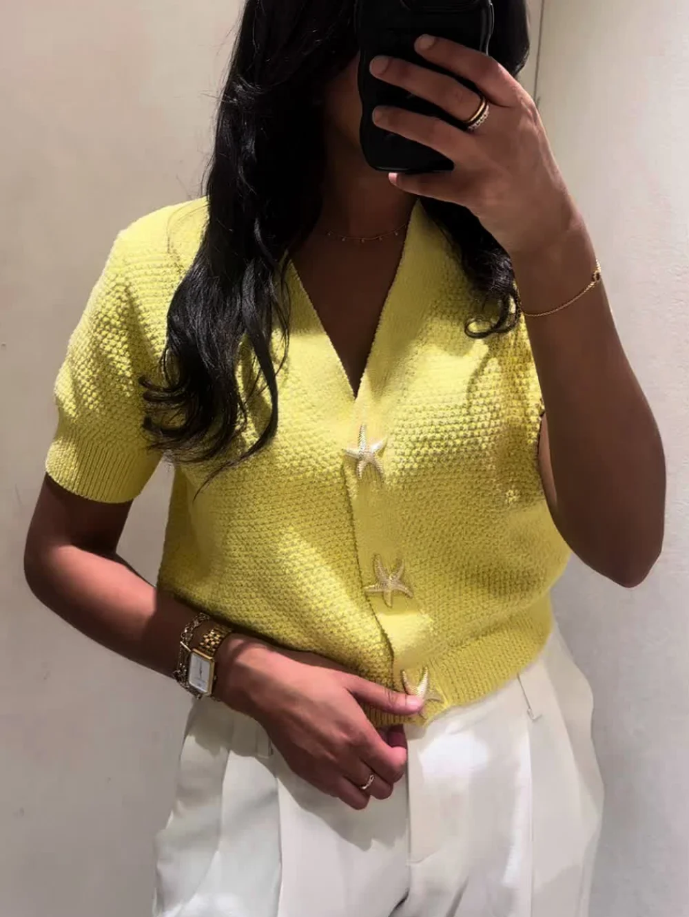 

Women's Chic V-neck Crop Blouse Summer Fashion Thin Starfish Button Knitted Short Sleeve Elegant Cardigan Jacket for Females