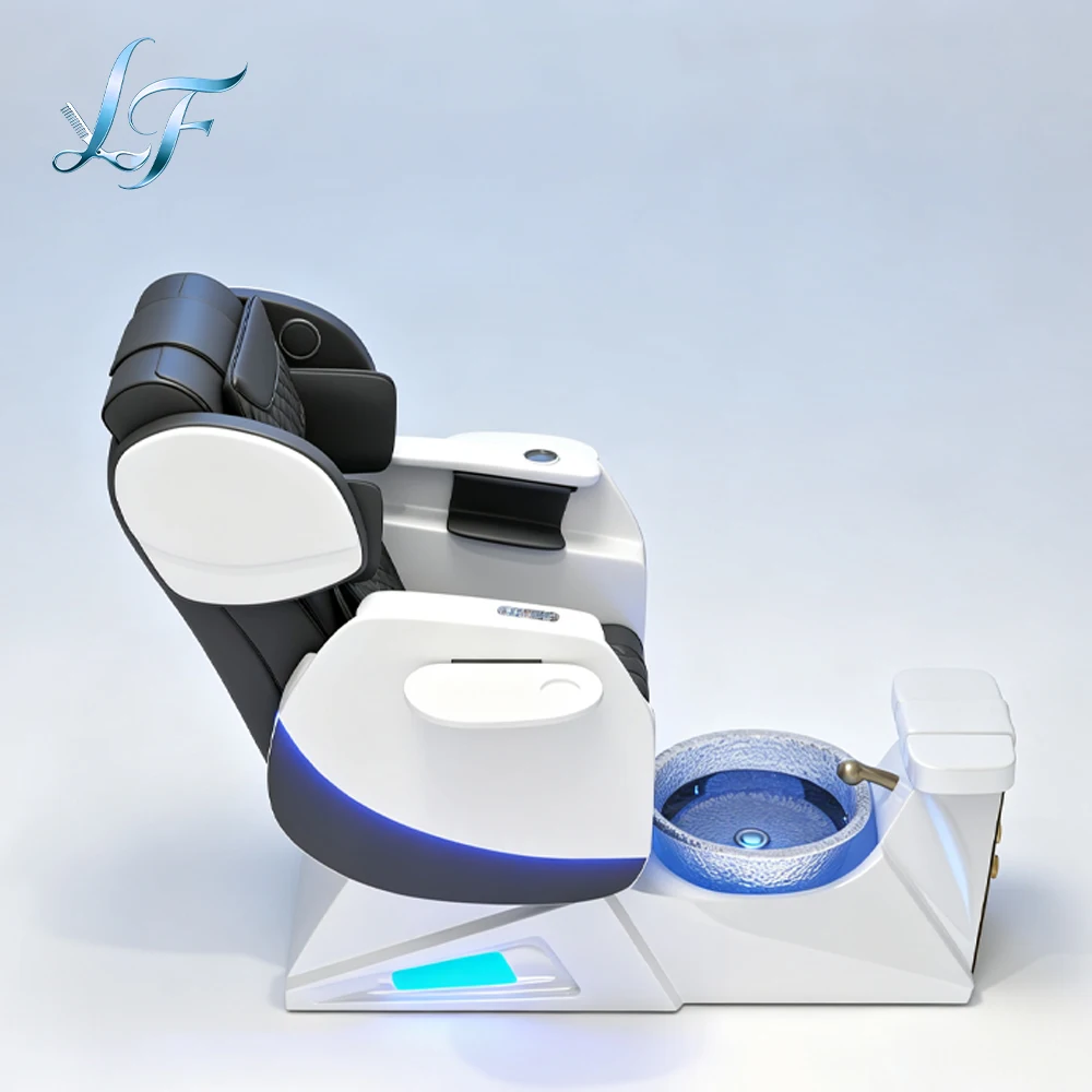 White Gold Pedicure Chair Basin LED Light Back Massage Custom Leather Color Reclining Spa Chair