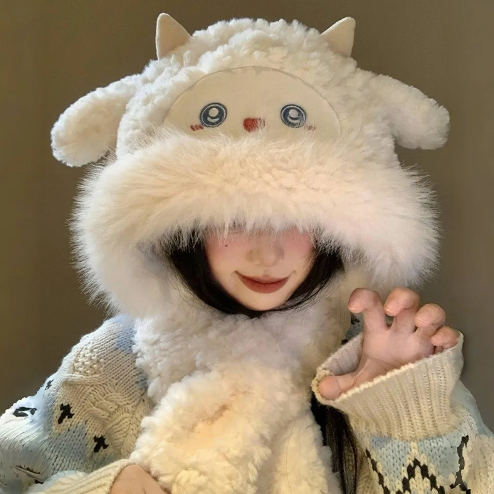 

Cute Warm Little Sheep Plush Hat Thickened Coldproof Ear Protection Hat Scarf Ears Move Animals Beanie Hats Girls