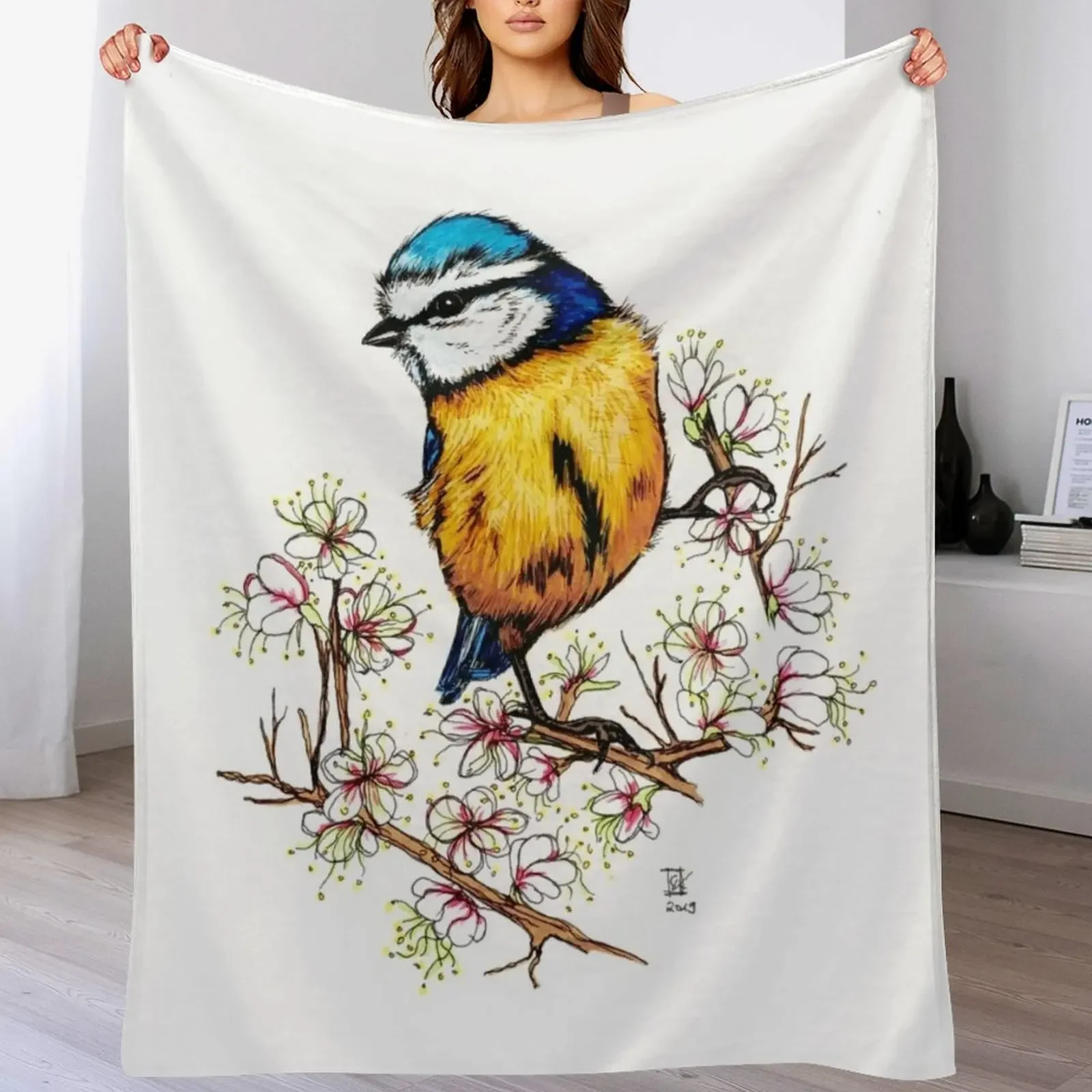

New Blue tit with cherry blossoms Throw Blanket Tourist Custom Vintage Decoratives Blankets