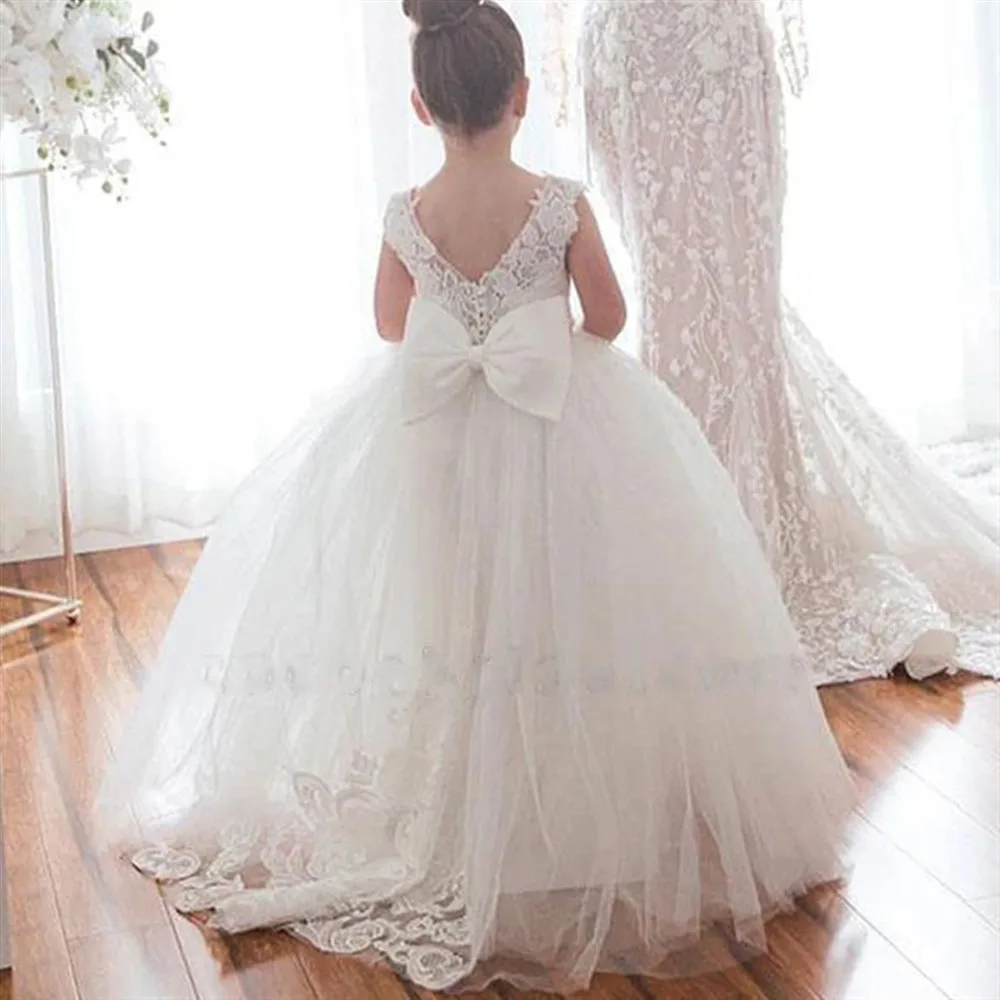 Elegante abito da damigella d'onore per ragazze, abito da sposa per ragazza di fiori, applicazioni senza maniche con fiocco, abito da prima comunione per spettacoli di festa per bambini