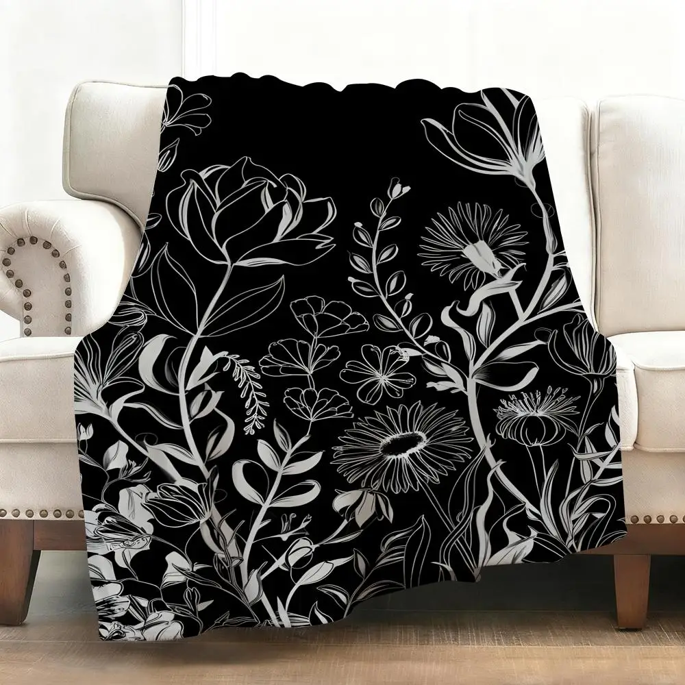 

Black Flower Throw Soft Flannel Blanket Warm Knee Skin-Friendly Throw for Sofa Office Bed Traveling Winter Oversize