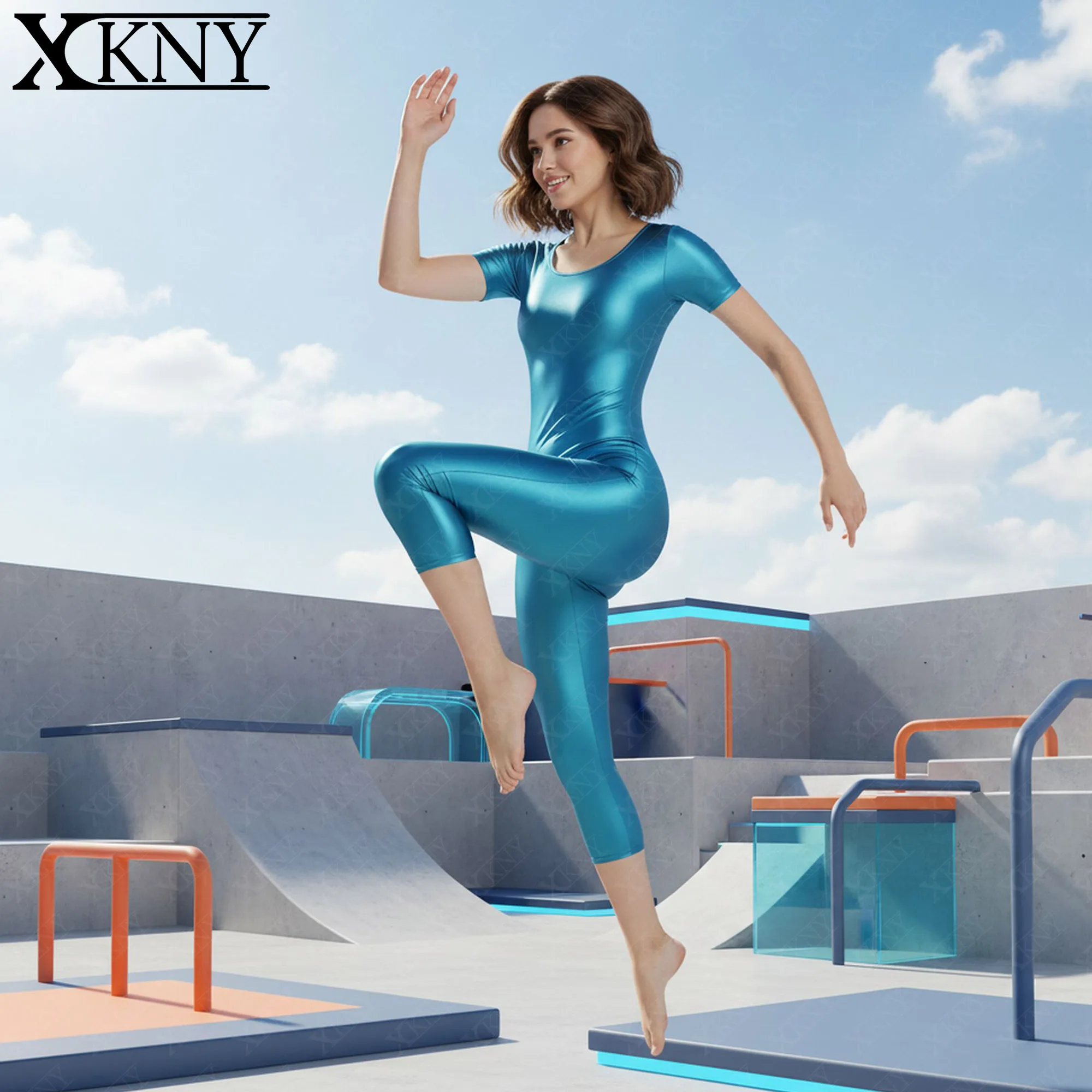 

XClocKNYoung satin glossy tights silk oil glossy bodysuit short sleeved short pants bodysuit oil yoga fitness