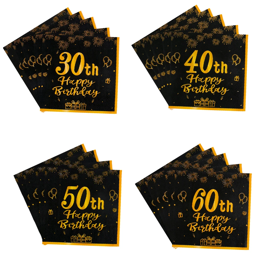 20Pcs Black Gold Birthday party Disposable Napkins Adult Anniversary Tableware Supplies 30th 40th 50th 60th Birthday Decorations