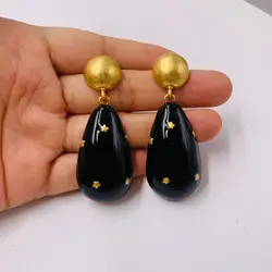 Mid-Ancient Vintage Antique Replica Electroplated Real Gold Monet Marking 925 Silver Needle Black Elegant High-Grade Ear Studs