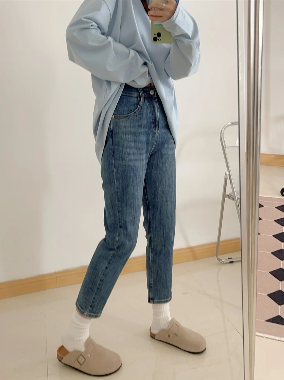 

Джинсы с высокой талией, прямые, с эластичным поясом, французские брюки-труба, укороченные, стройнящие, для молодых женщин