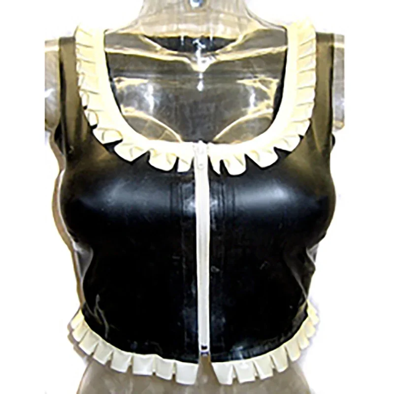 Halloween Sleeveless French Maid Sexy Latex Crop Top With Ruffles Zipper At Front Uniform Rubber Shirts Clothes