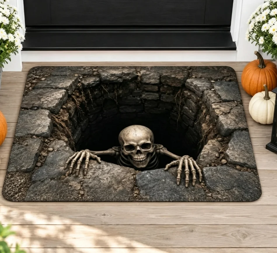 3D Skeleton Optical Illusion Doormat, Creepy Hole Halloween Rug, Spooky Skeleton Floor Mat, Scary Gothic Haunted House Decor