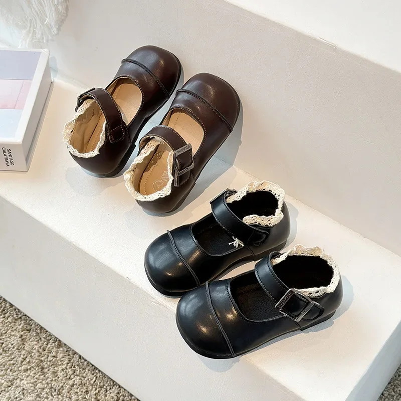 

Fashion Girl Spring Autumn New Princess PU Leather Flats Shoes Soft Sole Non-slip Lace Square School Student Loafer Size 23-34