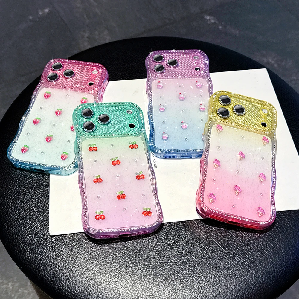 

3D Cute Glitter Cherry Bling Strawberry Clear Phone Case for iPhone 14 15 16 Plus 17 Pro Max Air 13 Protective Shockproof Cover
