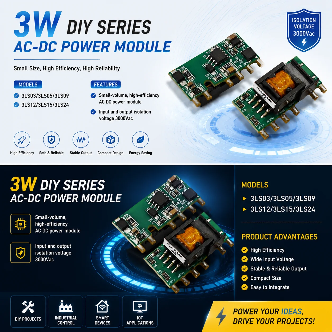 Hi-Link New 3W 5V HLK-3LS05 High-efficiency AC DC Power Module 3.3V 5V 9V 12V 15V 24V ACDC Converter 110V 220V 240V