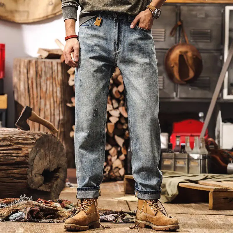 Vintage Men's Loose Washed Straight Jeans Relaxed Denim Pants Retro Casual Long Trousers for Spring Autumn Plus Size Available