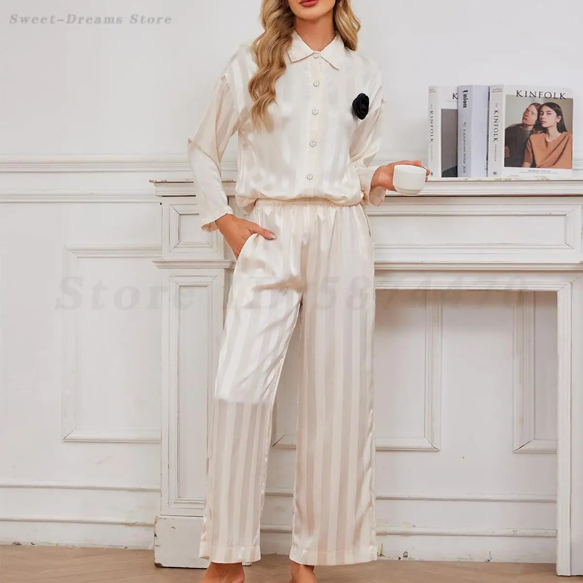 Women Sleepwear Satin 2PCS Shirt&Pants Pajamas Set Champagne Stripes Nightwear Silky Satin Intimate Lingerie Casual Homewear