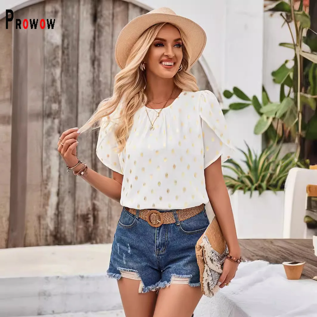 Prowow Fashion Dot Women's Shirts Summer O-neck Short-sleeved Slim Fit Female Tops Clothes Chiffon Casual Streetwear Outfits