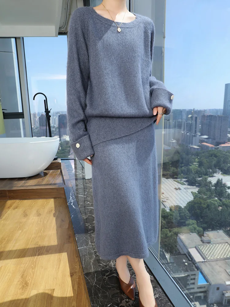 100% Pure Mink Cashmere Knitted Suit Skirt Women O-Neck Long Sleeved Loose Sweater Elastic Waist Medium-Long Skirts Thicken Set