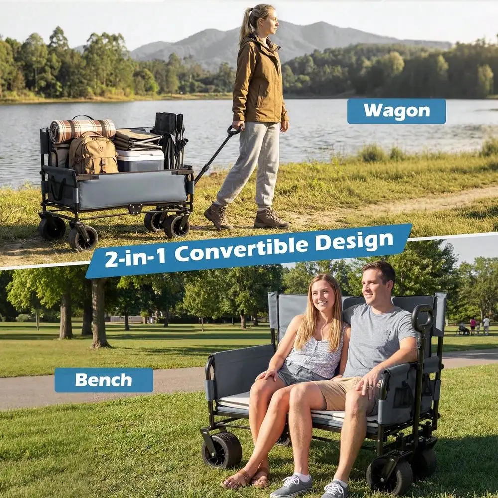 Wagon Bench Seat Combo, Collapsible Folding Beach Cart With Adjustable Push Pull Handle, Soft Cushions AllTerrain Wheels, Heavy - view 2
