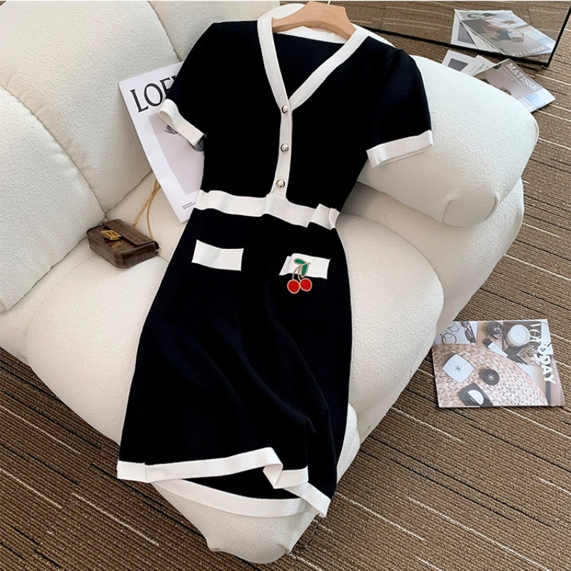 

Spring Summer Single Breasted Knit Dress Women A-line Mini Dresses Female Royal Black Patchwork Dress Ladies Preppy Style 2023