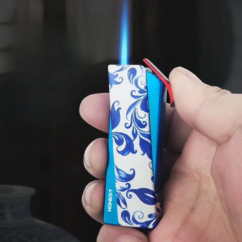 Honnête coupe-vent droit avant flamme bleue briquet Style chinois bleu et blanc porcelaine motif Cycle gaz outil de fumer pour hommes
