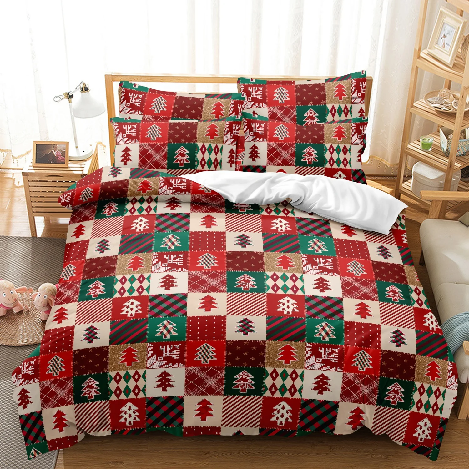 3‑Piece Patchwork Red Green Plaid Christmas Print Duvet Cover  Set, Squares with Xmas Trees and Buffalo Check Print Bedding