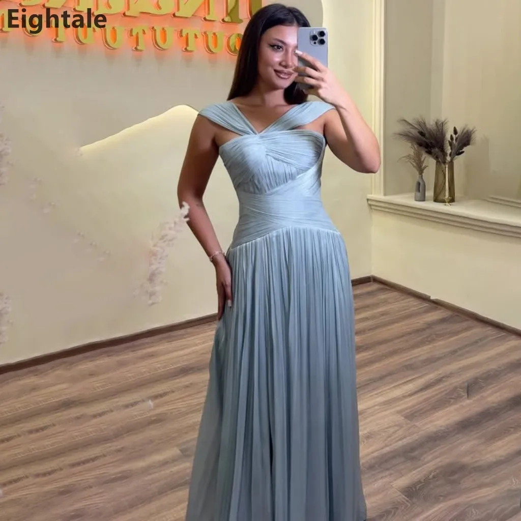 Eightale 2026 Sky Blue Halter Neck A Line Evening Gown Yoryu Chiffon Pleated Maxi Dubai Party Formal Prom Dress Customized