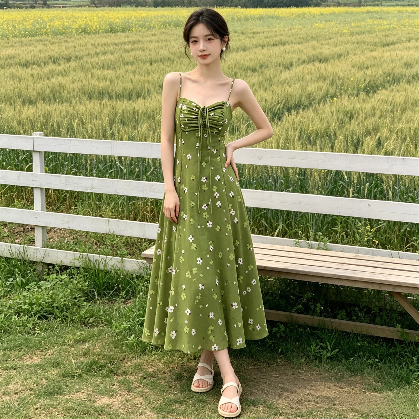 KEYANKETIAN 2026 Spaghetti Strap Floral Maxi Dress Women Bust Drawstring Ruched Waist‑Fit Chiffon A‑Line Vacation Midi Dress