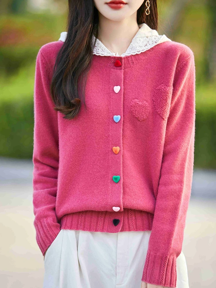 100% Pure Wool Coat Women's Round Neck Knitted Cardigan Spring Autumn New Heart Button Shirt Casual Fashion Korean Tops Clothing