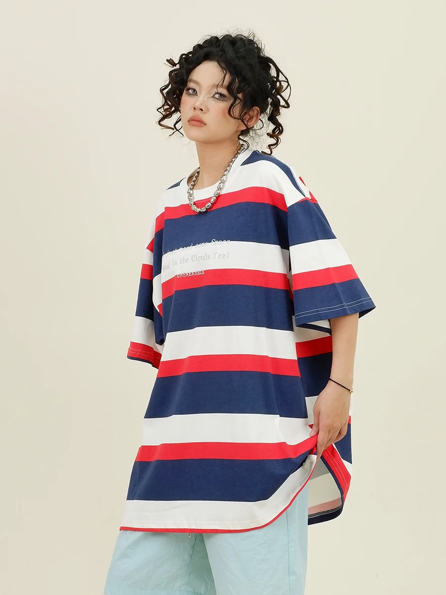 Contrasting Color Striped Short-sleeved T-shirts 2024 Summer New Loose Bf American Retro College Style Top Women