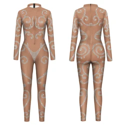 Crystal Diamonds Skin Pattern Jumpsuit Fashion Women Sexy Bodysuit Long Sleeeve Holiday Party Clothes Lady Fitness Zentai Suits