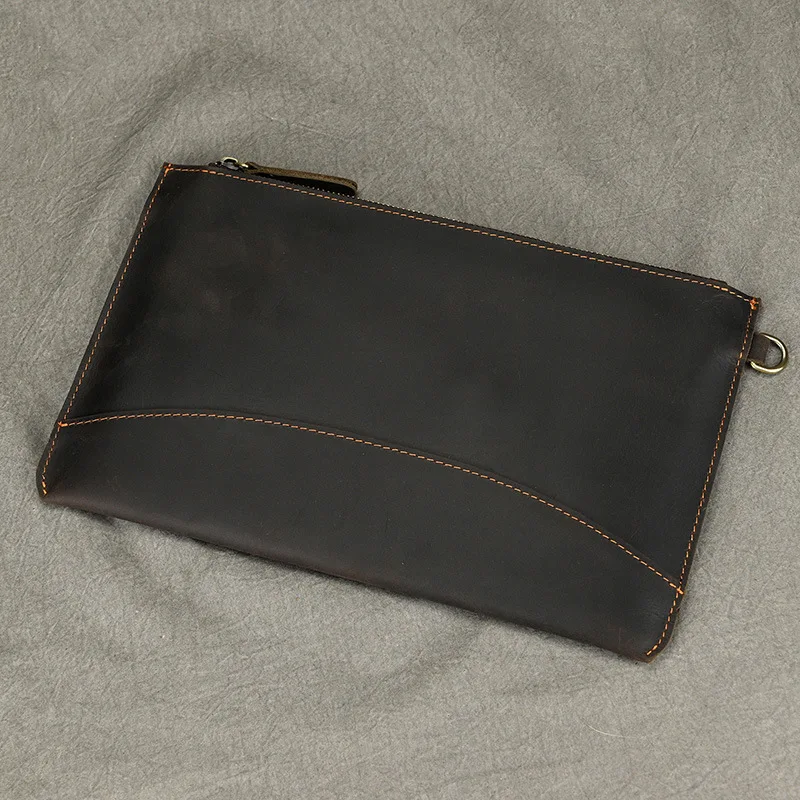 حقيبة يد من الجلد الطبيعي للرجال، حقيبة يد من جلد كريزي هورس، تخزين مسطح، محفظة أعمال ذات سعة كبيرة