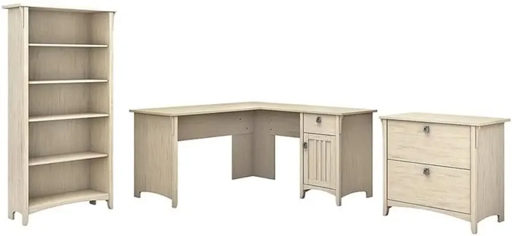 Furniture Salinas 60W L Shaped Desk with Lateral File Cabinet and 5 Shelf Bookcase in Antique White