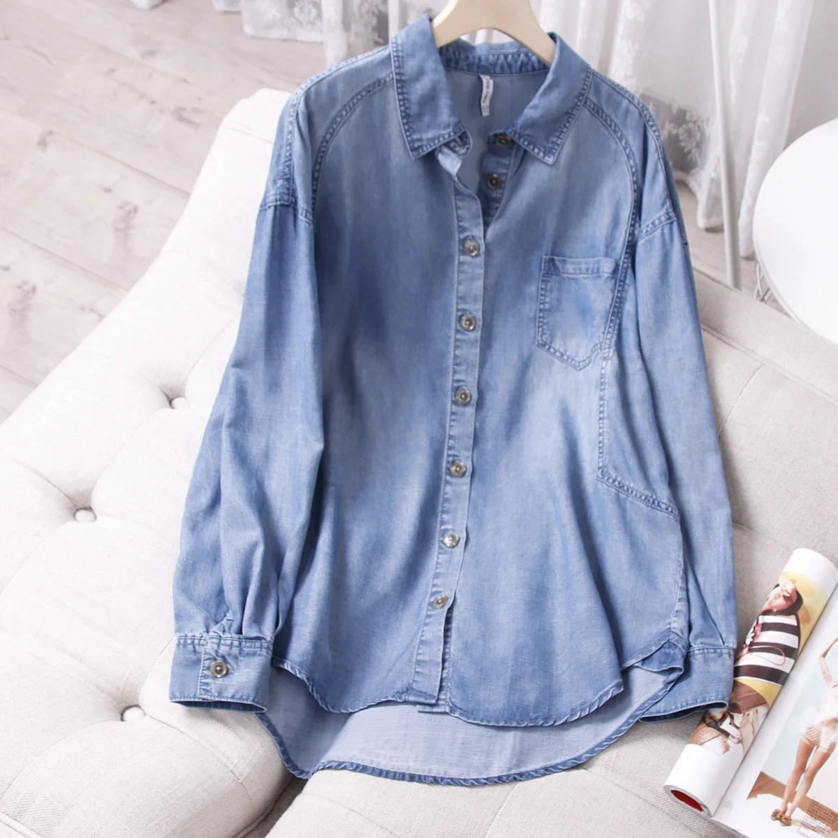 

Sky Blue Denim Classic Shirt - Embrace Timeless Style with this Elegant and Versatile Sky Blue Denim Shirt