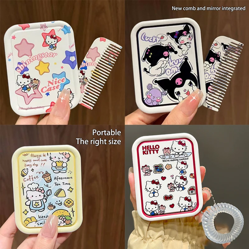 Espejo de maquillaje Kawaii Saniro con peine portátil, Hello Kitty Kuromi Pochacco, espejos cosméticos plegables, regalos para mujeres y niñas