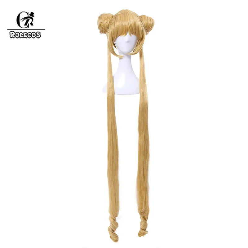 

ROLECOS Usagi Tsukino Cosplay Wigs With Buns Usagi Tsukino 130cm Women Long Straight Blonde Wig Heat Resistant Synthetic Hair