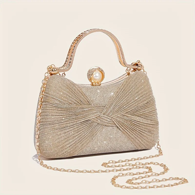 

Pleated Bow Banquet Clutch Party Dress Handbag With Chain Strap Women Luxury Crossbody Bags Lady Noble Elegant Top-Handle Bags
