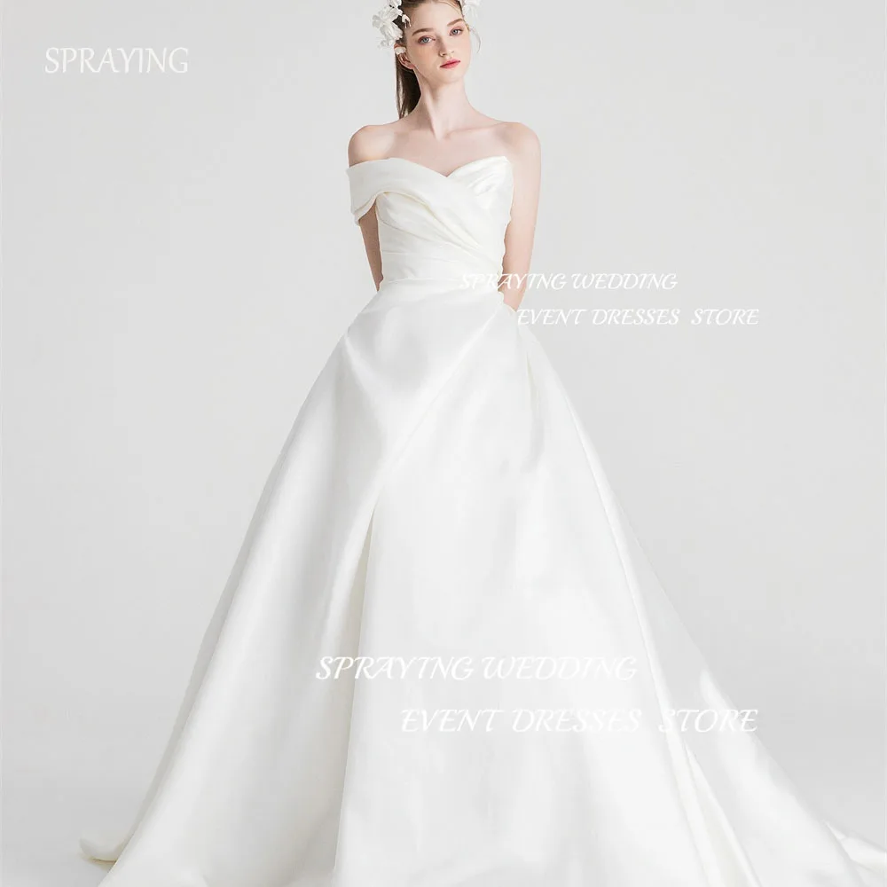 

SPRAYING Simple Satin Wedding Photos Sweetheart Pleat One-Shoulder Wedding Dresses Floor-Length Long Bridal Gown Corset Back