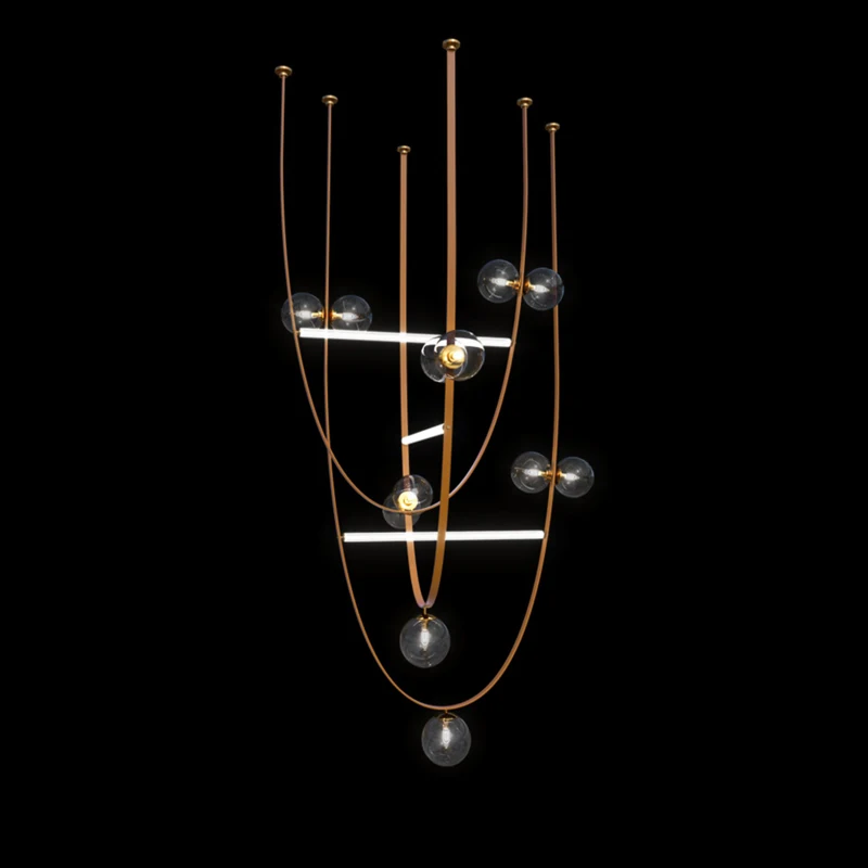 Scandinavian dining room ceiling leather chandelier for bar, wire pendant, dimmable, black stainless steel lustre