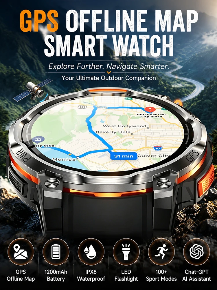 Neue Professionelle Offline-Karten-Militär-Smartwatch für Männer, 1200mAh Akku, Armband, IPX8 Wasserdicht, ChatGPT, 170+ Sportarten, GPS-Smartwatch