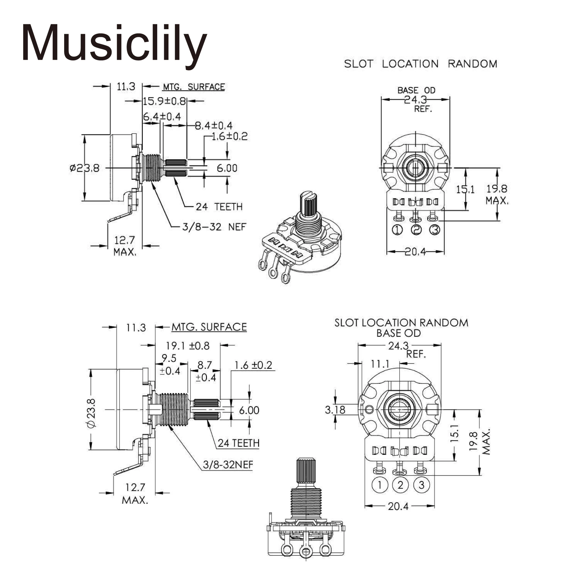 CTS 450/450G A250K+A500Kx2 ST-HSS Short Split Shaft 1/4 Inch and Standard Split Shaft 3/8 Inch 10% Audio Taper Potentiometers