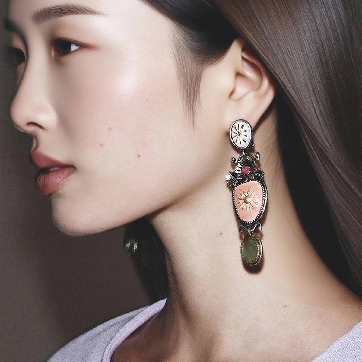2025 New ZAA Sweet Cute Alloy Drop Oil Flower Green Stone Beads Dangle Earrings for Women Vintage Indian Jewelry Earrings Gifts
