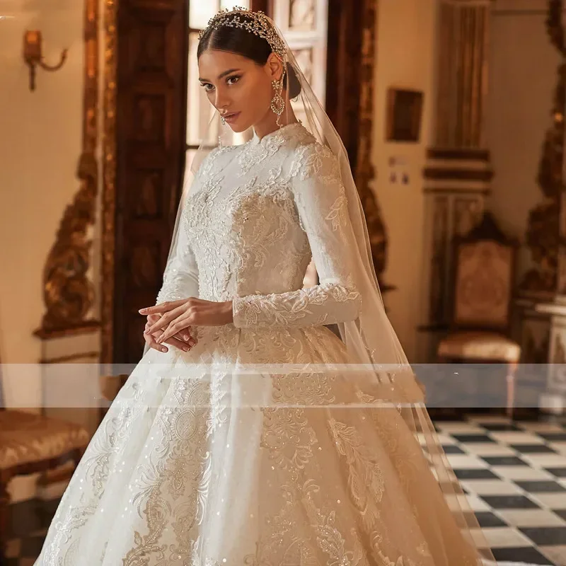 رائع يزين قطار مصلى الكرة ثوب فساتين زفاف مسلم الرقبة العالية الديكور كم كامل ثوب الزفاف خمر مخصص