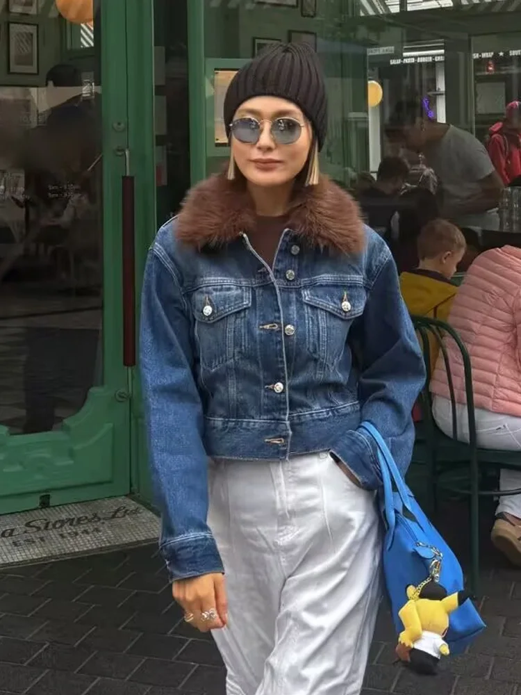 

HH Female Fashion Solid Warm Single-Breasted High Street Style Casual Short Jacket Women Winter Flap Faux Fur Effect Denim Coat