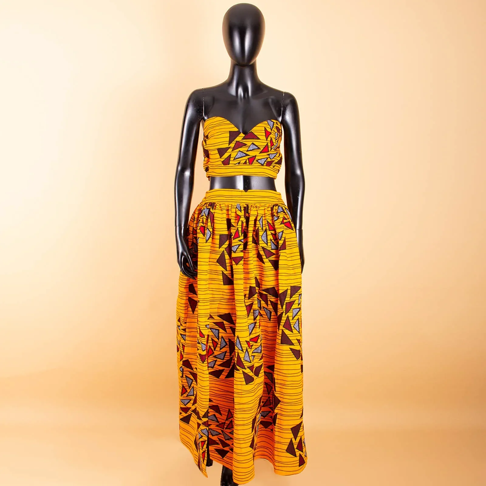 African Clothes for Women Crop Top and Maxi Skirt 2 Piece Set Sleeveless Women Blouse Sexy Party Outfits with Pockets A2026007